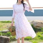 Set: Elbow-sleeve Floral Print Midi Dress + Slipdress