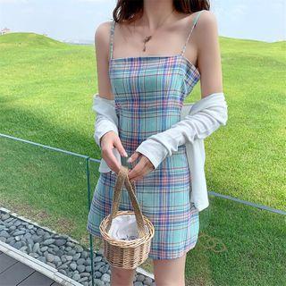 Plaid Sleeveless Dress / Open Back Cardigan