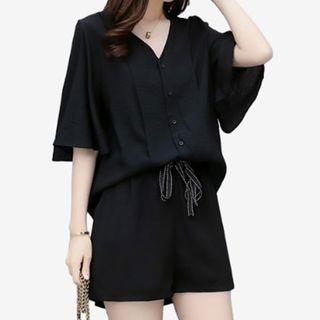 Set: Elbow-sleeve Chiffon Shirt + Shorts