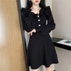 Long-sleeve Ruffled Knit Mini A-line Dress
