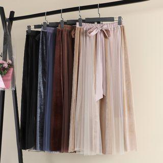 Bow-accent Velvet Panel Midi Mesh Skirt