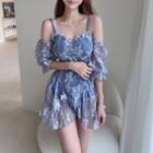 3/4 Sleeve Off-shoulder Embroidered Lace Swim Dress