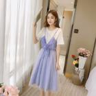 Set: Short Sleeve T-shirt + Plaid Panel Striped Spaghetti Strap Dress