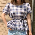 Puff-sleeve Plaid A-line Top With Sash