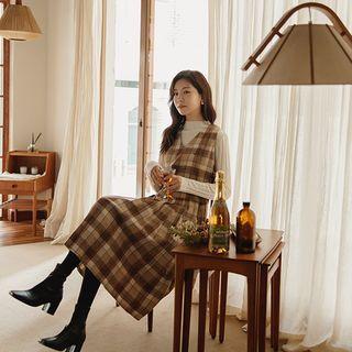 Pleated Plaid Midi Overall Dress