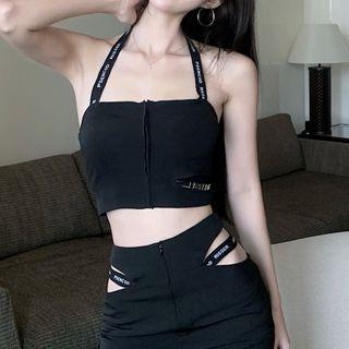 Lettering Cropped Halter Top / Bootcut Pants