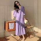 Elbow Sleeve V-neck Plain Midi A-line Dress