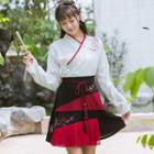 Long-sleeve Embroidery Asymmetric Top/fringed-detail Skirt