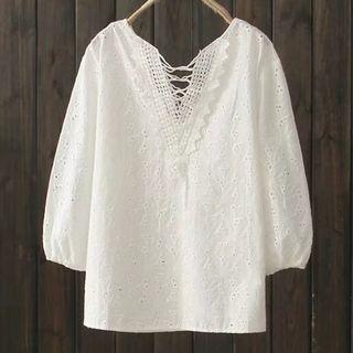 Lace Up Embroidered Long-sleeve Top
