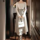 Long-sleeve Square-neck Knit Top / High-waist Plaid Midi A-line Skirt / Set