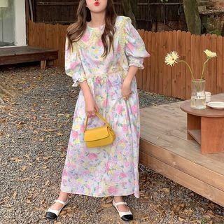 Puff-sleeve Floral Midi Smock Dress White - One Size