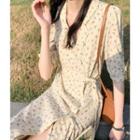 V-neck Floral Split Drawstring Dress
