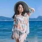 3/4-sleeve Crochet-trim Feather Print Beach Cover-up Feather - Tangerine - One Size