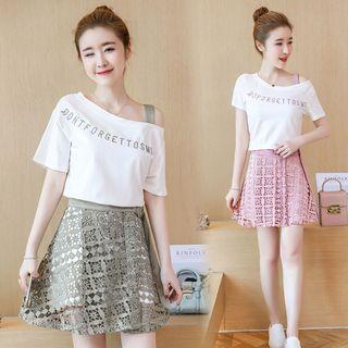 Set: Letter Embroidered Short Sleeve Off Shoulder Dress + Lace A-line Skirt
