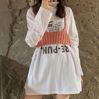 Printed Long-sleeve T-shirt / Knitted Camisole Top