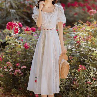 Puff-sleeve Cherry Applique Midi A-line Dress