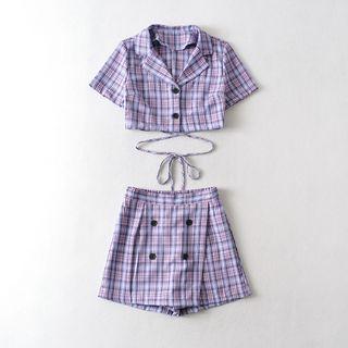 Set: Short-sleeve Plaid Shirt + Skort