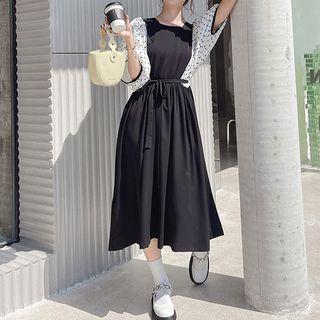 Elbow-sleeve Dotted Panel Midi A-line Dress