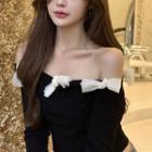 Bow-accent Off-shoulder Long-sleeve Slim-fit Top Black - One Size