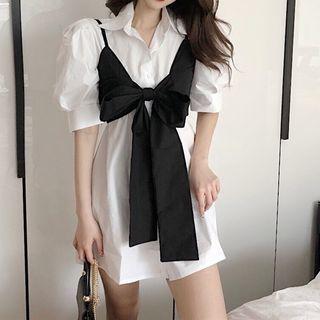Set: Puff-sleeve Mini Shirtdress + Bow Cropped Camisole Top