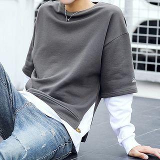 Mock Two-piece Pullover / Feather Print Pullover / Short-sleeve Striped T-shirt