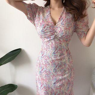 Floral Print Short-sleeve Ruffle Hem Midi Sheath Dress