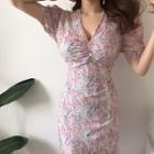 Floral Print Short-sleeve Ruffle Hem Midi Sheath Dress