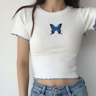 Butterfly Embroidered Short-sleeve Cropped Top