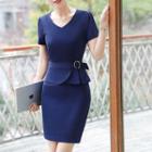 Short-sleeve V-neck Belted Mini Sheath Dress