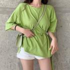 Elbow-sleeve Plain Crew-neck Button-back T-shirt