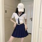 Short-sleeve Sailor Collar Crop Top / Pleated Mini A-line Skirt