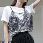 Mock Two-piece Short-sleeve Lace Paneled Letter T-shirt