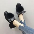 Faux Leather Pompom Ribbon Accent Block Heel Loafers