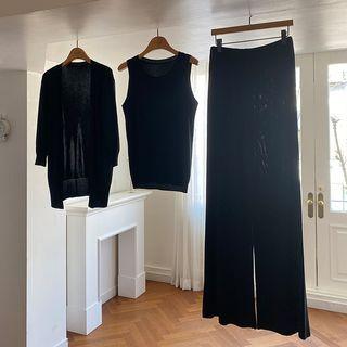 Open Cardigan & Tank Top & Wide Pant Knit Set
