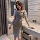 Puff-sleeve Plaid Frog-buttoned Slit Bodycon Dress