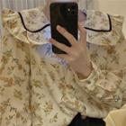 Floral Ruffle Trim Blouse Shirt - Floral - Almond - One Size