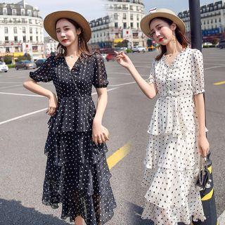 Frilled Trim Short Sleeve Dotted V-neck Layered Dress