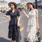 Frilled Trim Short Sleeve Dotted V-neck Layered Dress