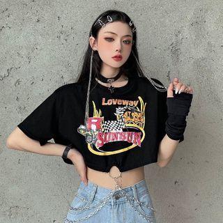 Short-sleeve Round Neck Print Cropped T-shirt Black - One Size