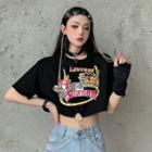 Short-sleeve Round Neck Print Cropped T-shirt Black - One Size