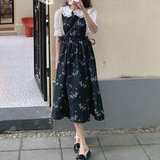 Floral Tie-waist Midi A-line Overall Dress Black - One Size