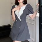 Puff Sleeve V-neck Double Breasted Mini Blazer Dress