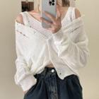 Set : Ripped Off-shoulder Tank Top + Cardigan