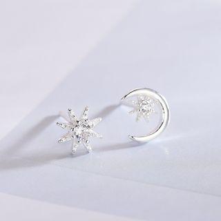 Non-matching 925 Sterling Moon & Star Stud Earring 1 Pair - Es668 - Silver - One Size