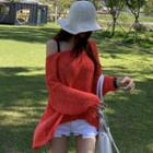 Long-sleeve Buttoned Knit Top Tangerine Red - One Size