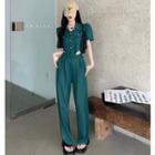 Set: Padded-shoulder Crop Shirt + Straight-cut Pants