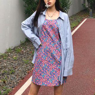 Plain Shirt / Spaghetti Strap Floral Print A-line Dress