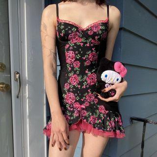 V-neck Rose Print Spaghetti-strap Mini Dress