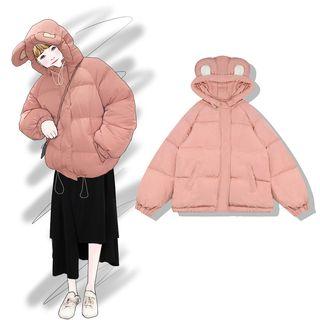 Ear Accent Hooded Padded Zip Jacket
