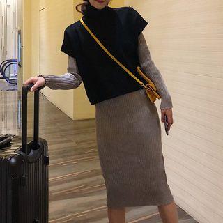 Set: Rib Knit Dress + Short-sleeve Top Dress - Light Gray - One Size / Top - Black - One Size